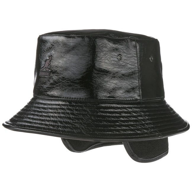 black patent bucket hat