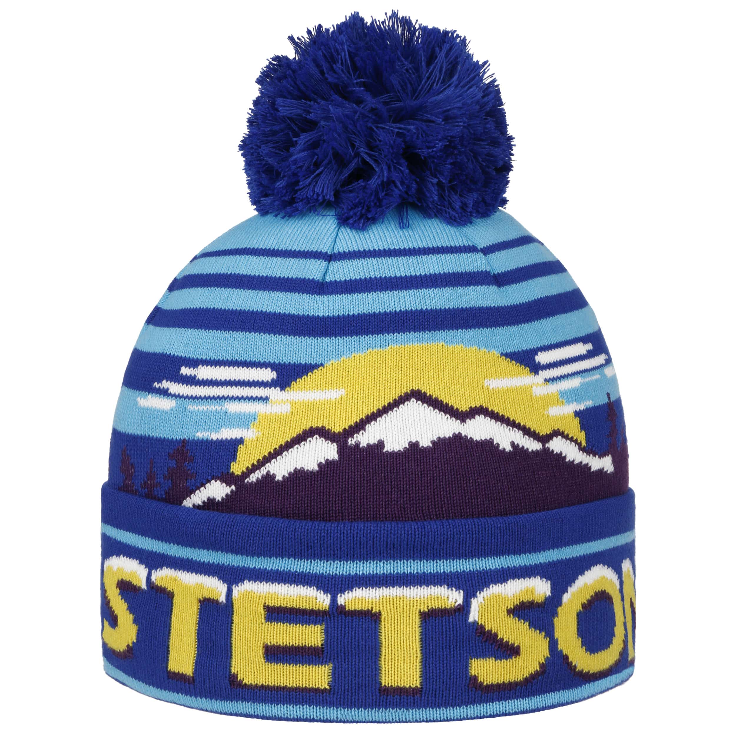 Blue and yellow bobble hat online