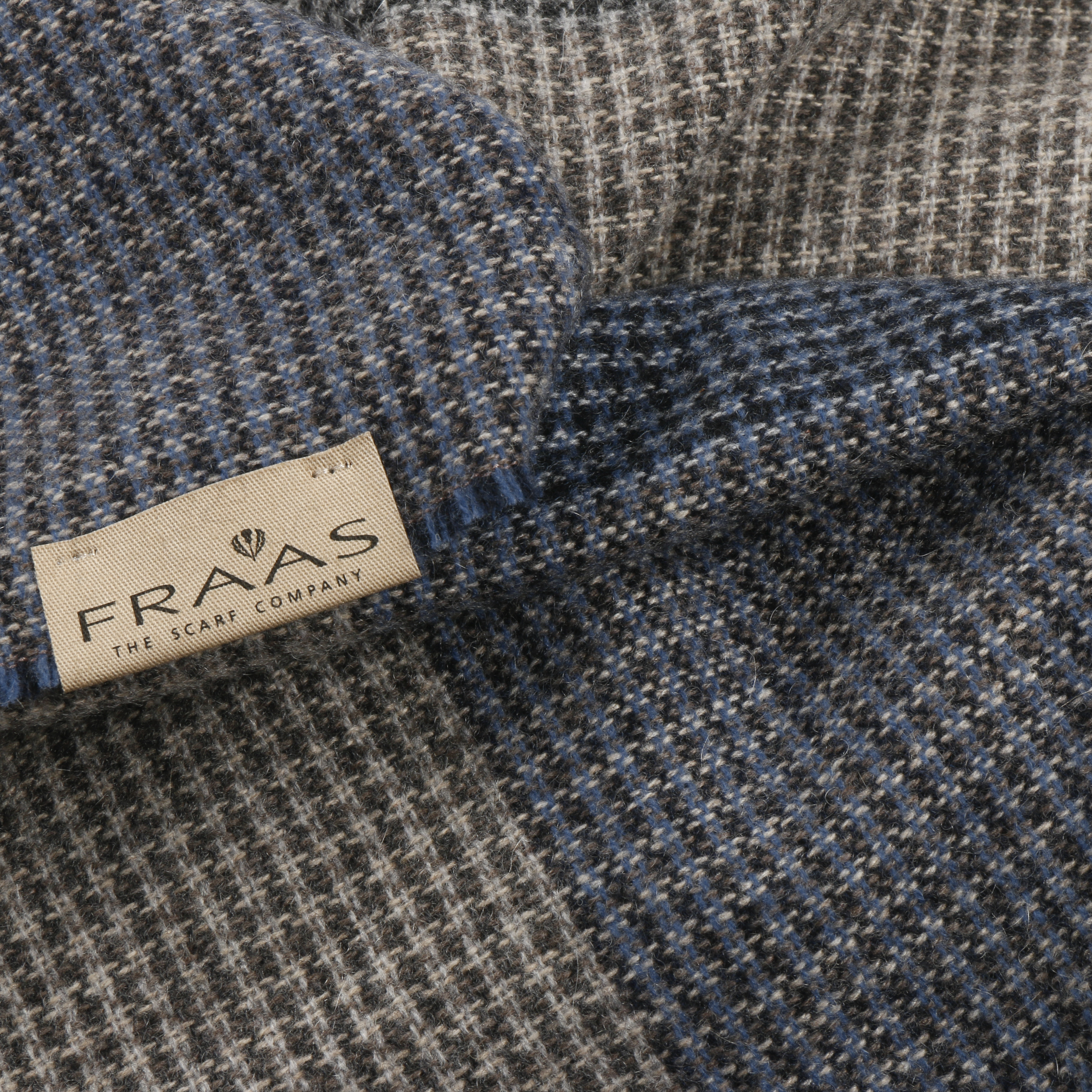 Tricolour Check Cashmere Scarf by Fraas - Blue-Beige - Size: One Size
